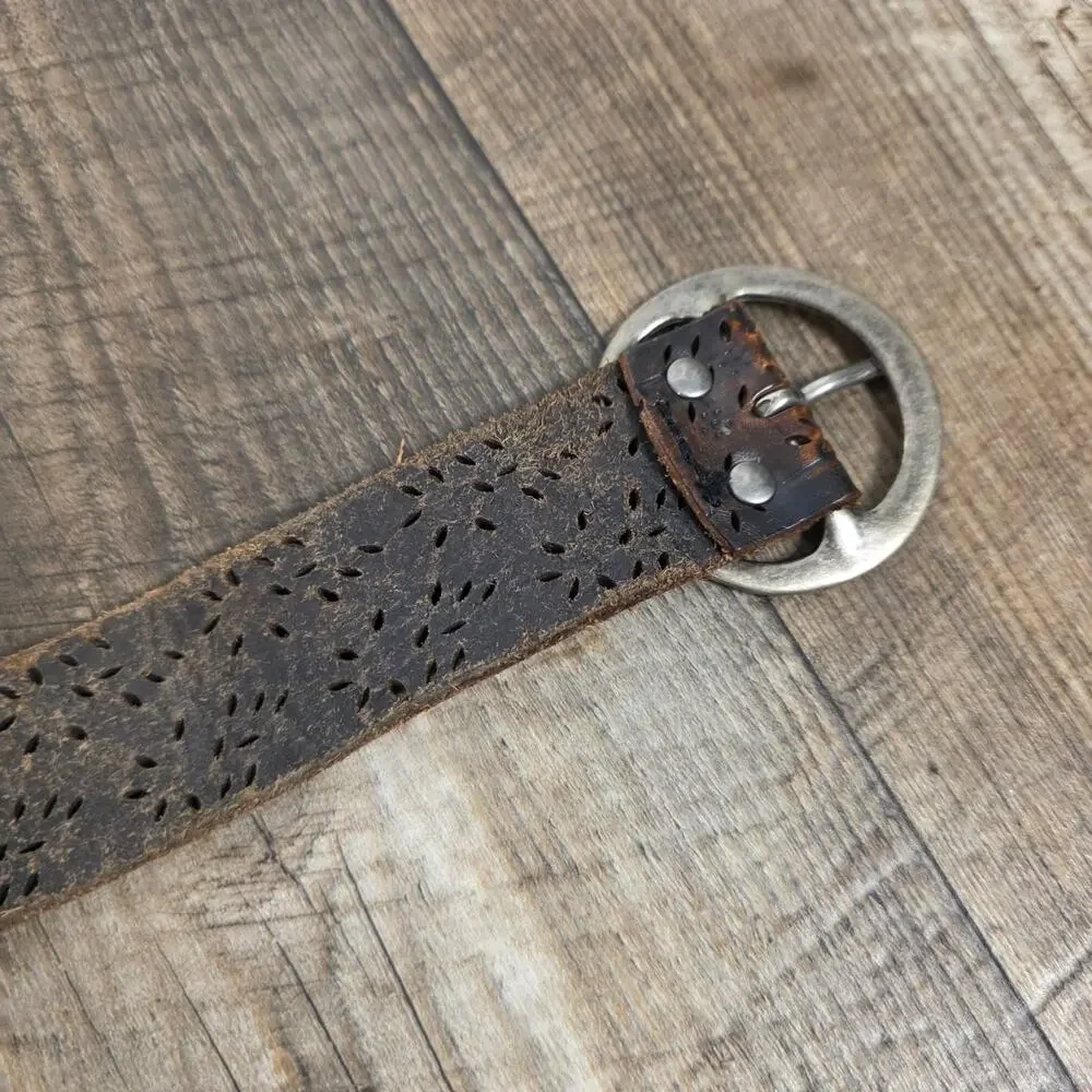 Vibtage Brown Leather Distressed Floral Cutout Belt Western Boho
